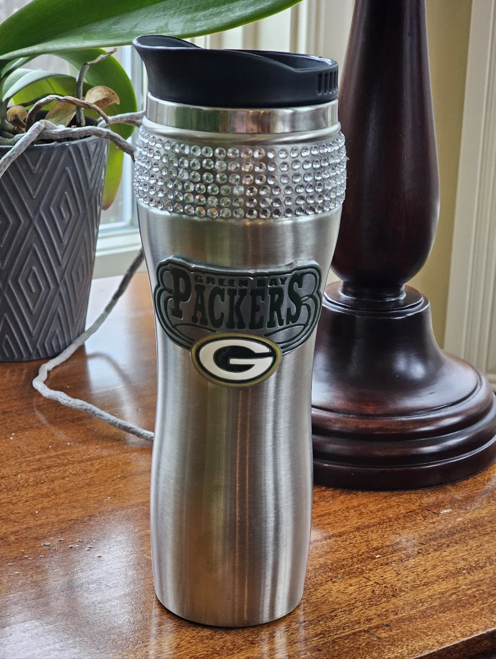 Green Bay Packers Stainless Steel Bling Crystal Travel Coffee Mug 12 Oz